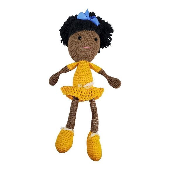 Black African American Handmade Crochet Doll Yellow Dress Bow Long Floppy 26" - Picture 5 of 9